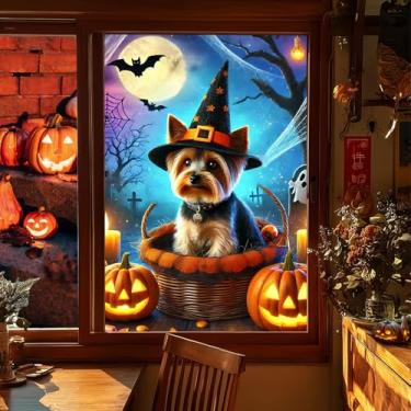 Imagem de HOMETITUTE Película para janela de Halloween Yorkshire Terrier, adesivo de 78 x 128 cm com chapéu de bruxa, filhote, abóbora, lanternas e morcegos, vidro manchado para porta, vidro, banheiro, sala de