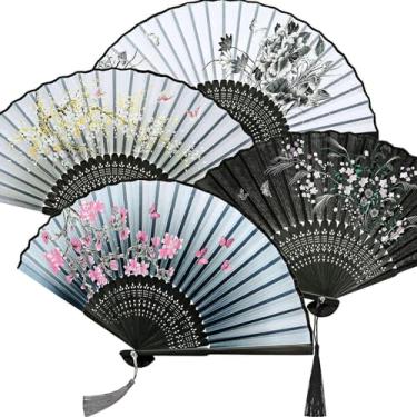 Imagem de Zonon Pacote com 4 ventiladores dobráveis florais portáteis leques de bambu de seda com borla, leque dobrável à mão com manga de tecido para presentes de decoração de casamento dançantes (elegante)