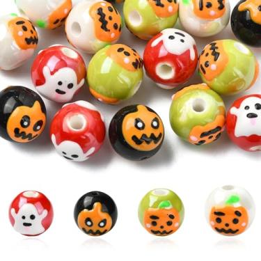 Imagem de LiQunSweet 16 peças, 4 estilos, porcelana, cerâmica, 13 mm, tema de Halloween, contas redondas de abóbora, fantasma, espaçador, soltas, para joias DIY, pulseira, colar, brinco, bolsa, chaveiro