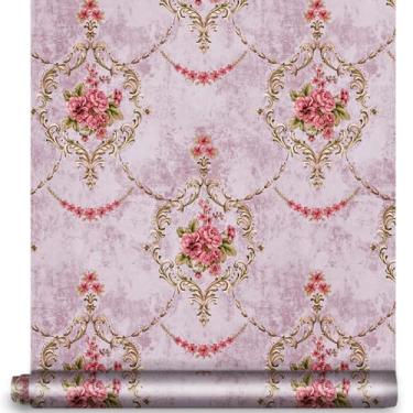 Imagem de YIFU LIFE 5454-3 Papel de parede rosa damasco vinil autoadesivo papel de parede para armário móveis cozinha bancada quarto decoração 45 cm x 3 m