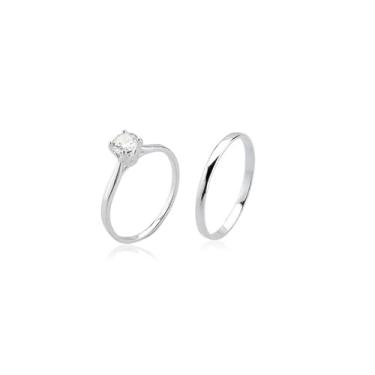 Imagem de Conjunto de 2 peças Anel de Noivado Casamento Compromisso Anel Liso Masculino e Anel Solitário Feminino Prata 925 (18)