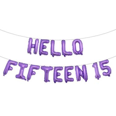 Imagem de Decorações de aniversário de 15 anos para meninas 15º aniversário Hello Fifteen Birthday Party Supplies Número 15 Balões Kit de festa de aniversário de 15 anos para sua menina (HELLO FIFTEEN 15 roxo)