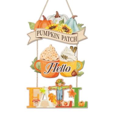 Imagem de LHIUEM Sinais de porta de outono, decoração de madeira de feliz ação de graças, decoração de remendo de abóbora de outono, placa de parede de colheita de outono, placa de parede de espantalho, cabide