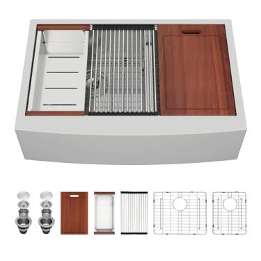 Imagem de Sarlai Tigela dupla para pia de fazenda 33 - Avental de pia de cozinha de fazenda de 83 x 55 cm, borda frontal, tigela dupla de divisão baixa, 60/40, aço inoxidável, lavatório de fazendeiro, lavatório