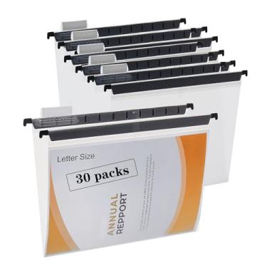 Imagem de Fei Bi Pasta suspensa transparente de 30 peças, tamanho carta, com etiqueta ajustável de corte 1/5, pasta de arquivo suspensa de polietileno 24 x 28 cm, adequada para escritório, casa, escola