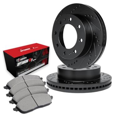 Imagem de R1 Concepts Rotores de freio dianteiros da série eLine perfurados e ranhurados pretos com pastilhas OEP ideais compatíveis com Ford F-250, F-350 1980-1994