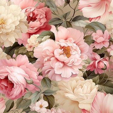 Imagem de Yzogbry Rosa bege creme grande vintage peônia floral descascar e colar papel de parede decoração de parede autoadesivo papel de parede cola fácil de retirar contato para locatário apartamento