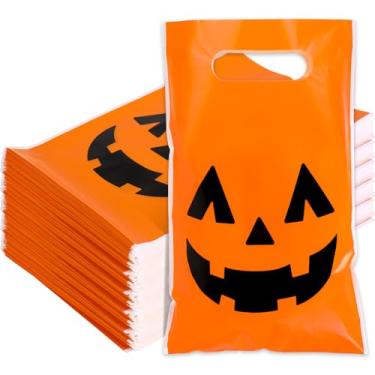 Imagem de Whaline 300 peças de saco de lembrancinhas de festa de Halloween laranja rosto de abóbora sacos de petiscos de plástico com alças sacos de guloseimas para embalagem de biscoitos de lanche