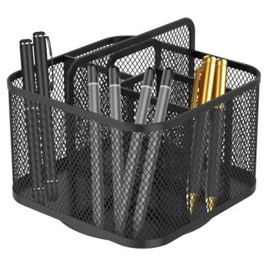 Imagem de Porta-canetas giratório de 360 graus, organizador de lápis giratório de metal com 5 compartimentos, copo multiuso para papelaria, escritório, penteadeira (preto, quadrado)