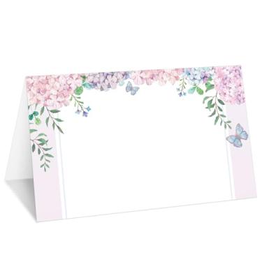 Imagem de Cartões de lugar de hortênsia rosa, conjunto de 25 cartões de nome de barraca floral para configuração de mesa, etiqueta de comida para casamento, chá de bebê, artigos de festa de jantar de