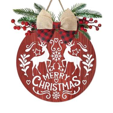 Imagem de Bolisom Placa para porta da frente de rena de Feliz Natal, floco de neve, cabide de madeira, ao ar livre, varanda, decoração de casa, guirlanda de madeira para casa de fazenda, férias de inverno, com