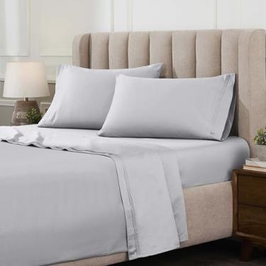 Imagem de Superior Jogo de lençol de algodão egípcio de 4 peças, luxuoso, 1500 fios, design moderno, lençóis sustentáveis, básicos ultramacios, liso, lençol de cima, fronhas, casal, platina