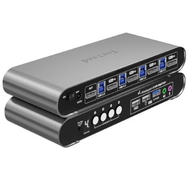 Imagem de Terived 4 computadores e 1 monitor DP USB 3.0 KVM Switch 4K @144Hz com comutação de teclas de atalho e porta de áudio, cabos de alumínio para exibição digital incluídos