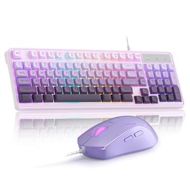 Imagem de MageGee Combo de teclado e mouse cremoso roxo gradiente, teclado MageGee GK980 com fio RGB retroiluminado e mouse para jogos roxo gradiente, teclado de PC e mouse de sensibilidade ajustável para PC