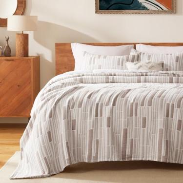 Imagem de SLEEP ZONE Conjunto de colcha listrada casal/queen size de algodão jacquard macio e leve, conjunto de 3 colchas para todas as estações, 228 x 152 cm, marrom café