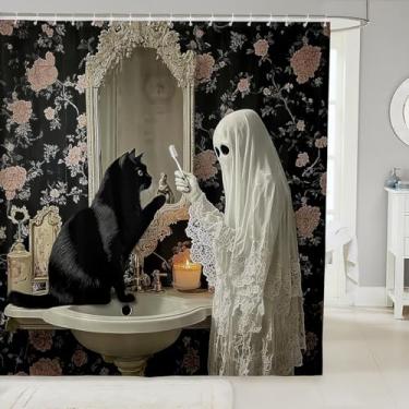 Imagem de Manfei Happy Halloween Cortinas de chuveiro infantis, desenho animado fantasma preto gato fofo cortina de banheiro gótica para meninas e meninos, rosa flores barrocas retrô trippy cortinas à prova