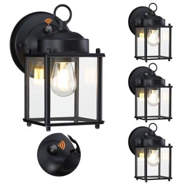 Imagem de GRUENLICH Lanterna de parede externa crepúsculo ao amanhecer, luminária de arandela de parede externa, iluminação externa de varanda com vidro transparente para casa, pátio, preto fosco, pacote com 4