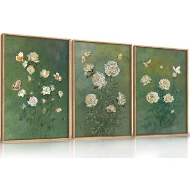 Imagem de LHIUEM Grande conjunto de arte de parede em tela emoldurada de rosa branca vintage, decoração de parede verde de flor abstrata, pintura de parede de borboleta floral natural, arte de flor estética