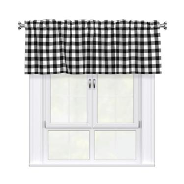 Imagem de Cortina quadriculada preta e branca sanefa curta com bolso para varão para sala de estar, quarto, cozinha, banheiro, 1 painel 137 cm L x 45 cm C