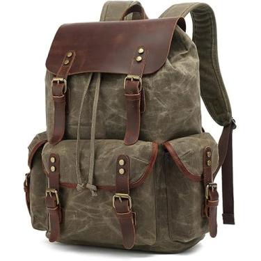Imagem de Computador Mochila De Couro De Lona Encerada Mochila De Ombro Vintage Montanhismo Bolsa De Viagem Impermeável Bolsa Altamente Espaçosa De Grandes Dimensões Para Viajar Ao Ar Livre, Brown