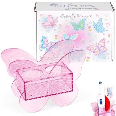 Imagem de Biiange Suporte de pasta de dente rosa, suporte de escova de dentes borboleta de acrílico, organizador de bancada de banheiro com orifício de drenagem, para armazenamento de escova de dentes elétrica