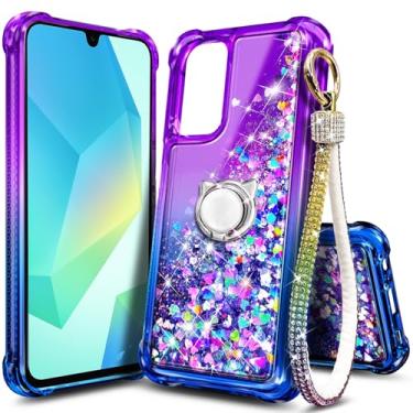 Imagem de WDHD Capa de telefone compatível com Samsung Galaxy A36-5G roxa/azul | Capa fofa com glitter brilhante brilhante com cachoeira líquida flutuante para mulheres meninas crianças com suporte de anel