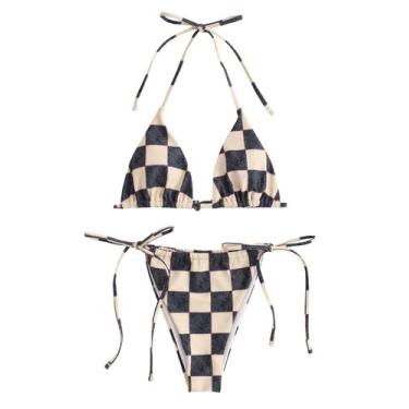 Imagem de Biquíni ZAFUL Triangle de 2 peças Halter Cut High Cut Black Plaid M