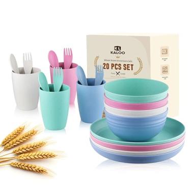 Imagem de Conjunto de louça de palha de trigo, conjunto de louça KALOO com 20 peças, seguro para micro-ondas e lava-louças, conjunto de pratos e tigelas reutilizáveis para crianças e crianças pequenas