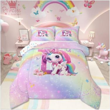 Imagem de Jogo de cama infantil Queen de unicórnio rosa para meninas, colorido, arco-íris, galáxia, ultraestrela, alfabeto, letra D, colcha, decoração de quarto