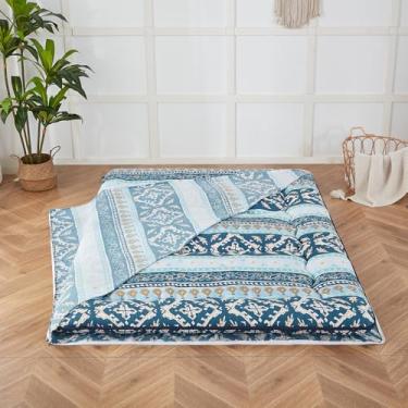 Imagem de Zelladorra Capa de colchão Futon, protetor de colchão japonês com zíper, lavável na máquina (jacquard listrado azul, completo)