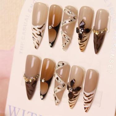Imagem de Unhas postiças francesas de luxo longas feitas à mão com cola, unhas postiças marrons com design de arte de outono, prensas de unhas multicamadas, 100% unhas postiças feitas à mão para mulheres