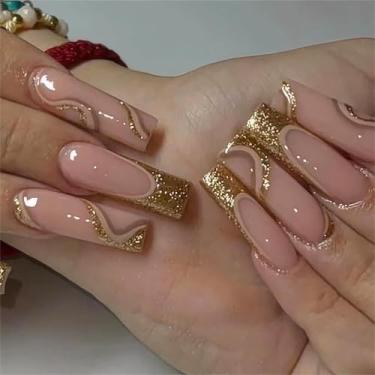 Imagem de RTKHFZE Unhas de pressão longa – unhas postiças quadradas de ponta francesa, cola dourada com glitter nas unhas com design de redemoinho, unhas postiças de acrílico, capa completa, cola para mulheres