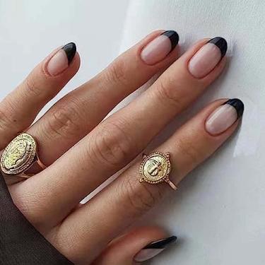Imagem de Gifiky Unhas postiças pretas francesas curtas de amêndoa prensa em unhas nuas lindas pontas de acrílico cobertura completa unhas falsas para mulheres e meninas, 24 peças