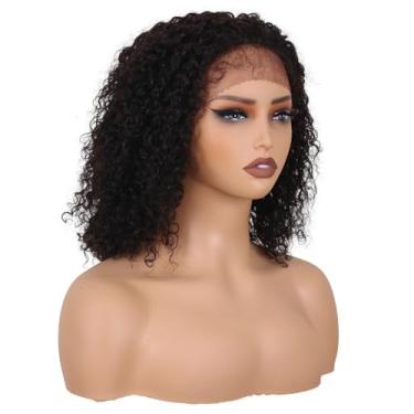 Imagem de ManeMajesty Peruca de cabelo humano encaracolado crespo de 35,5 cm x 5,5 cm peruca frontal com linha do cabelo natural pré-arrancada densidade 180 com cabelo de bebê, peruca sem cola para iniciantes