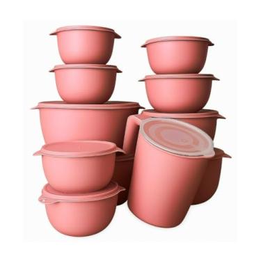 Imagem de Conjunto de 10 saladeiras ou 5 saladeiras + jarro de 1,8 litros Saladeiras de cozinha Recipientes plásticos para armazenamento de alimentos (5 potes + jarra rosa)