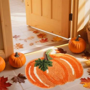 Imagem de Whaline Tapete de outono retrô outono abóbora flocagem tapete de banho 59 x 50 centímetros laranja abóbora absorvente tapete de banheiro para decoração de ação de graças casa de fazenda cozinha sala