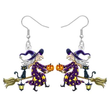 Imagem de RAIDIN Brincos pendentes de vassoura mágica de bruxa mistério de acrílico para mulheres, design assustador de abóbora e gato preto, acessórios de bijuteria de fantasia de Halloween, Medium, Acrílico