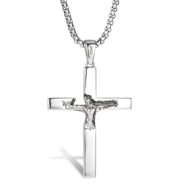 Imagem de MUSECLOUD Colar masculino de crucifixo de prata esterlina 925 – Pingente de salvador com cruz de alívio de Jesus em 3D com corrente de caixa de aço inoxidável, crucifixo católico, joias cristãs