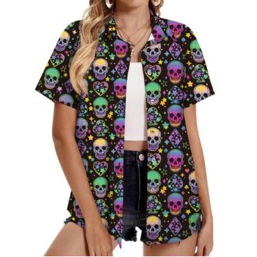 Imagem de Camisa havaiana de Halloween Mizvsitrd Funny Skull Feminina Neon