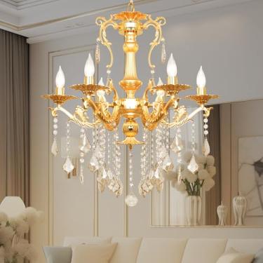 Imagem de CHGUOSZ Lustre de cristal dourado de luxo, luminária pendente de cristal K9 vintage de 61 cm com 6 luzes, luminária de teto com acabamento em latão antigo com braços enrolados para sala de jantar