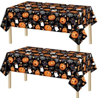 Imagem de Augisteen Pacote com 2 toalhas de mesa de plástico para Halloween, 137 x 274 cm, toalhas de mesa descartáveis de abóbora, fantasma, bruxas, capas de mesa retangulares para casa, ambientes internos e