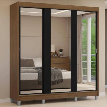 Imagem de Guarda-Roupa Casal com Pés 3 Portas de Correr de Espelho Rustic/Preto Reno Madesa