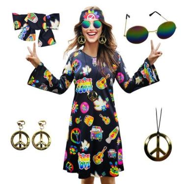 Imagem de Vestido de fantasia MRYUWB Hippie dos anos 70 com colar, brincos, ócul