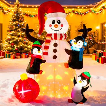 Imagem de VIVOHOME Decoração Inflável De Natal Para Áreas Externas 6 Pés, Boneco Neve Com Pinguim E Bola Vermelha, Quintal Natal, Luz Led Embutida Gramado, Jardim, Festa