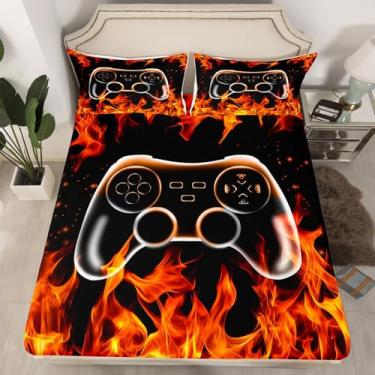 Imagem de Jogo de cama casal com chama ardente 3D, videogame, 3 peças, para decoração de quarto de crianças, meninos e adolescentes, lençol com elástico alto, moderno, preto, 2 fronhas