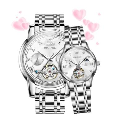 Imagem de OLEVS Relógios de pulso masculinos e femininos automáticos para ele e para ela, relógio mecânico de aço inoxidável, à prova d'água, luminoso, data, relógio de pulso, Prateado, branco