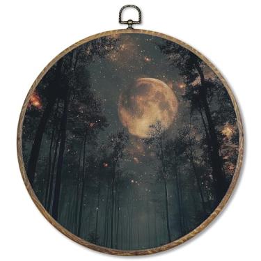 Imagem de FUGWN Decoração de parede vintage Moody Forest Moon Round Wall Art Decor Framed, Dark Academia Landscape Canvas Artwork Prints, Mystical Celestial Night Wall Hanging Decorações para casa, sala de