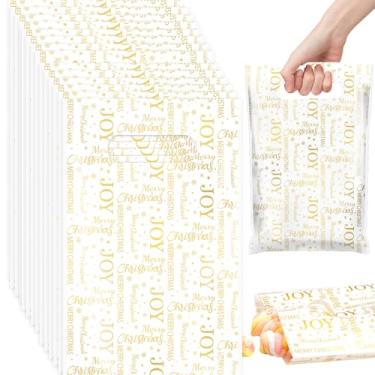Imagem de GliCraft 100 peças de sacolas de presente de Natal com alça pequena de plástico dourado de Natal a granel para embalagem de festa, petisco, embrulho de férias, casamento, aniversário, lembrancinhas