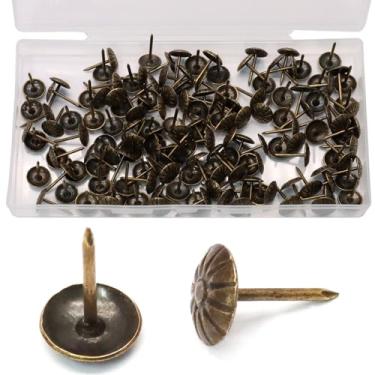 Imagem de Biaungdo 150 peças de tachas de estofamento de cabeça redonda de 17 mm/0,67 polegadas, tachas de polegar de metal antigo, alfinetes decorativos de margarida, pregos de estofamento com caixa de