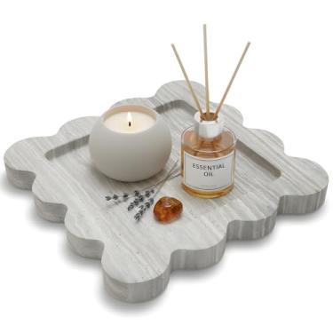 Imagem de DACHUN Bandeja de mármore natural, organizador de banheiro e decoração de balcão de cozinha, bandeja de armazenamento de pedra para velas de maquiagem de joias de perfume (grão de madeira cinza 2)